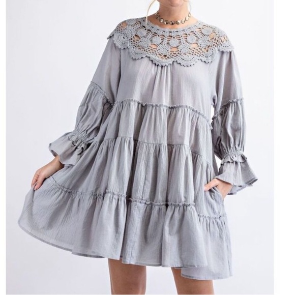 Easel Crochet Lace Gauze Ruffled Oversized Pleated Dress In Sky Blue. NWT! Sz S - Picture 2 of 8
